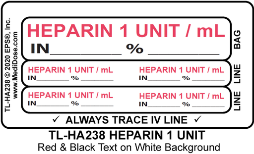Line Tracing Label - HEPARIN 1 UNIT / mL - TL-HA238 (1,000 Labels)